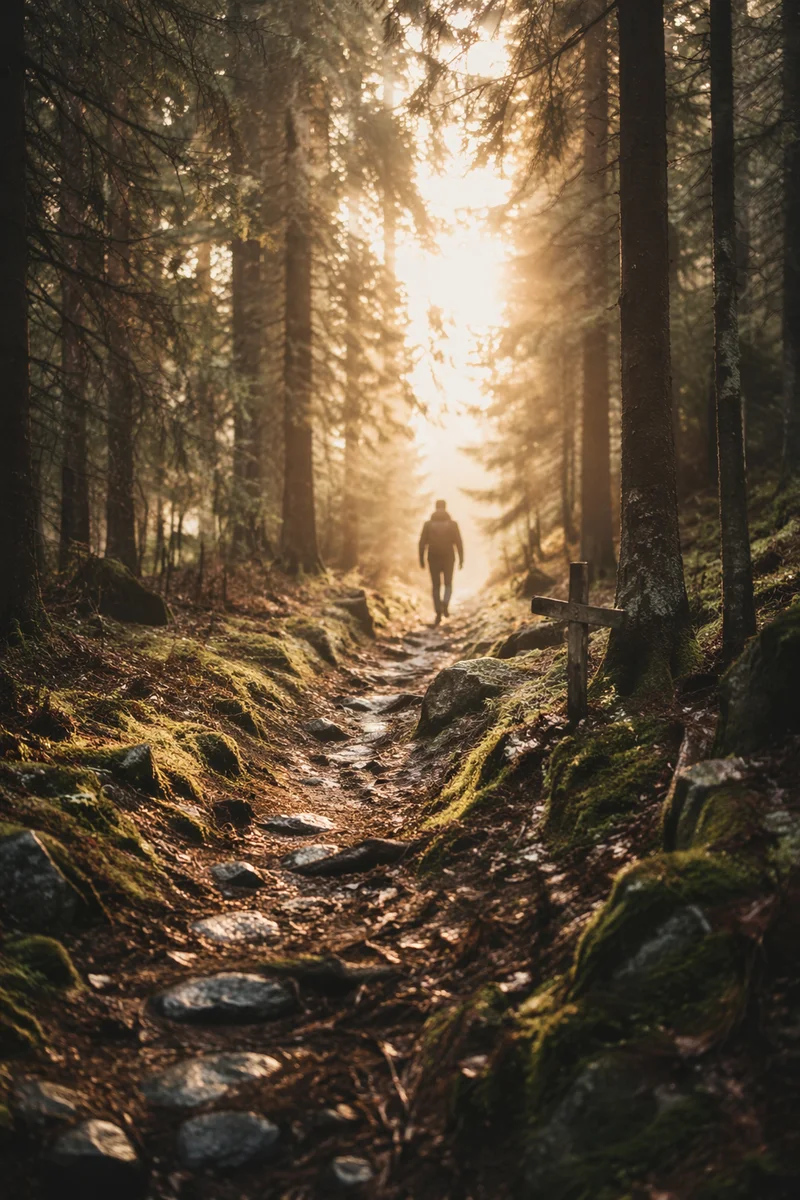 Narrow Forest Path Toward Morning Light