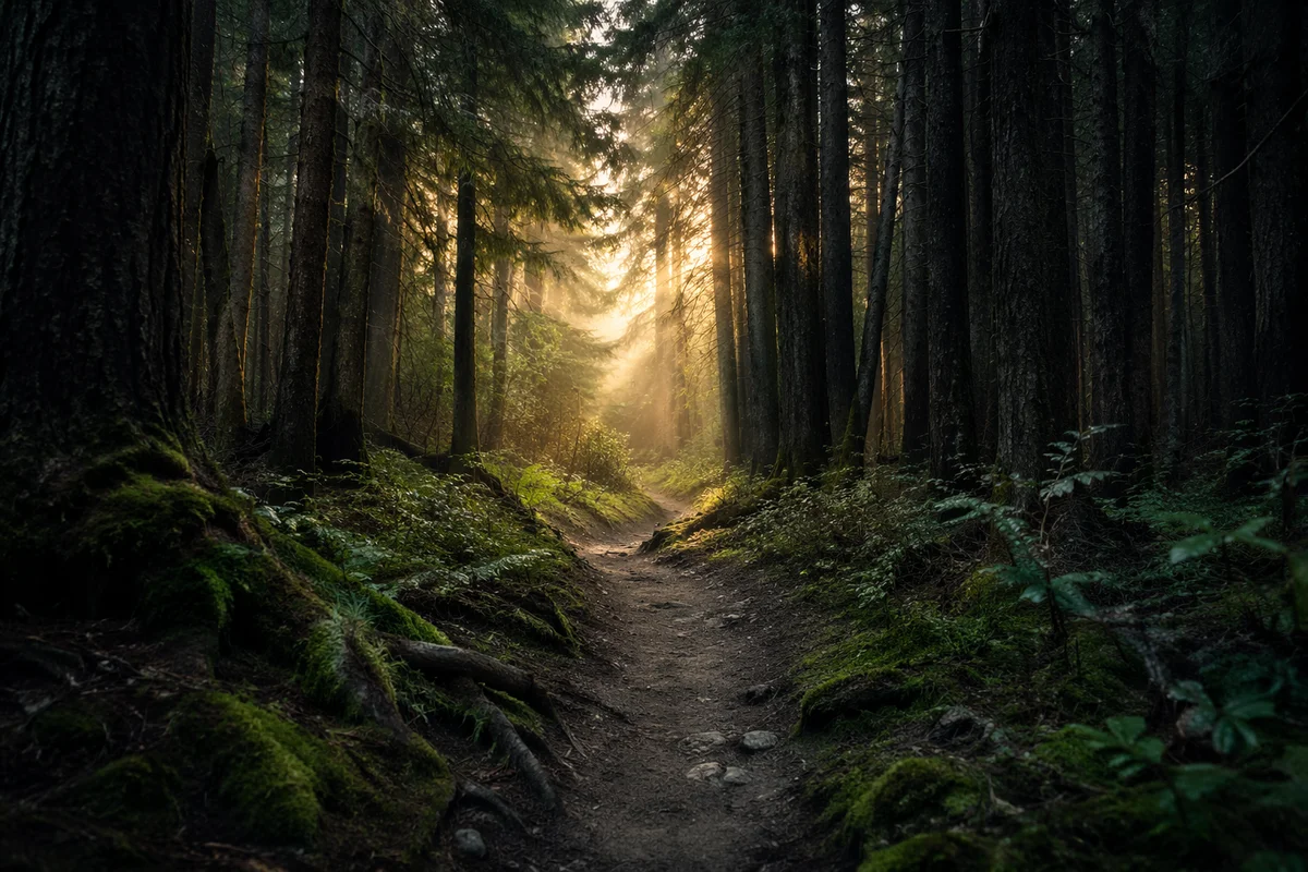 Narrow Evergreen Forest Path Toward Morning Light