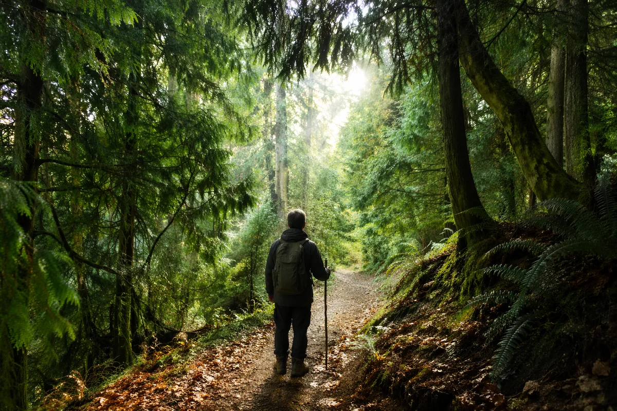 Narrow Evergreen Path Toward Hopeful Light