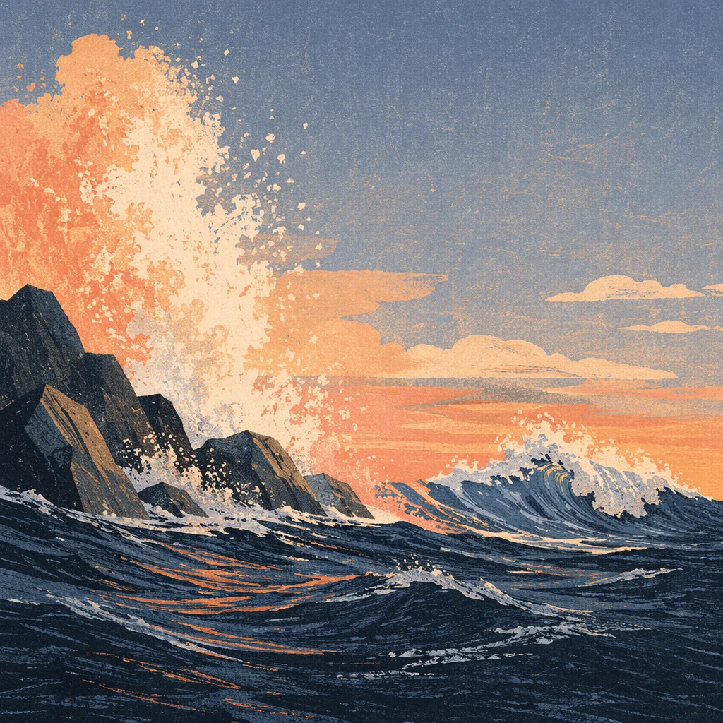 Sunrise Waves Crashing on Coastal Rocks