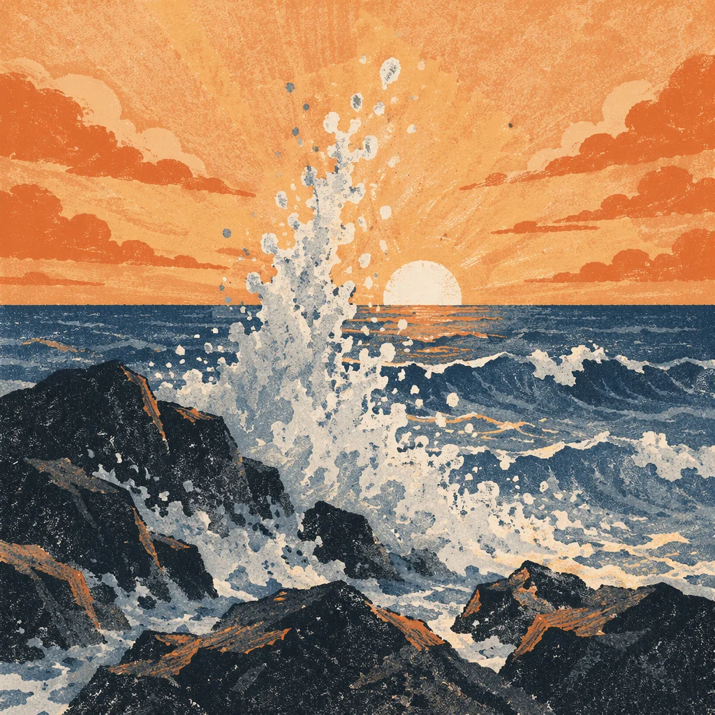Sunrise Waves Crashing on Coastal Rocks