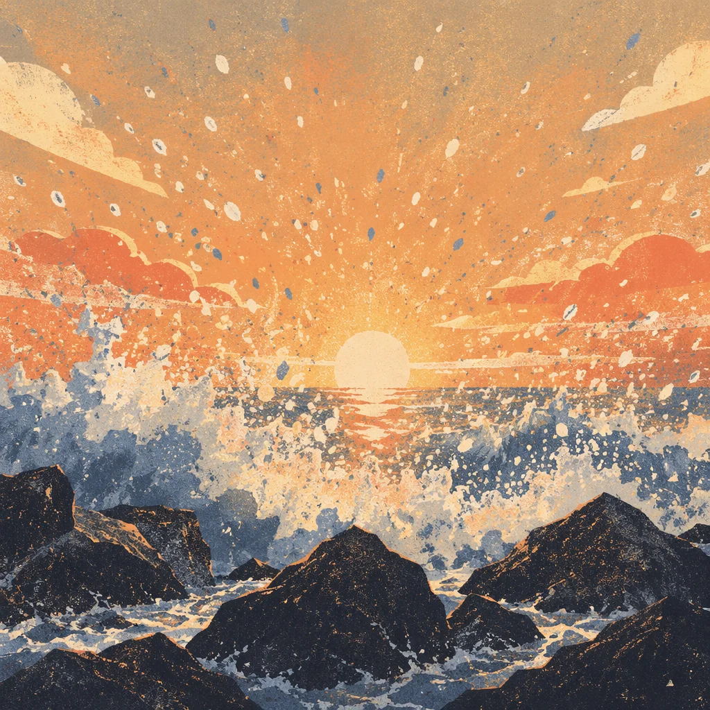 Sunrise Waves Crashing on Coastal Rocks