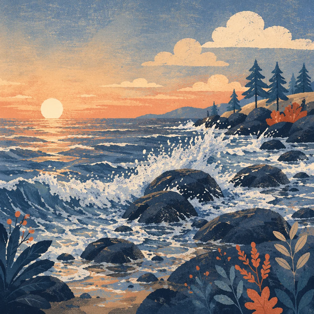 Sunrise Waves Crashing Over Rocky Shore