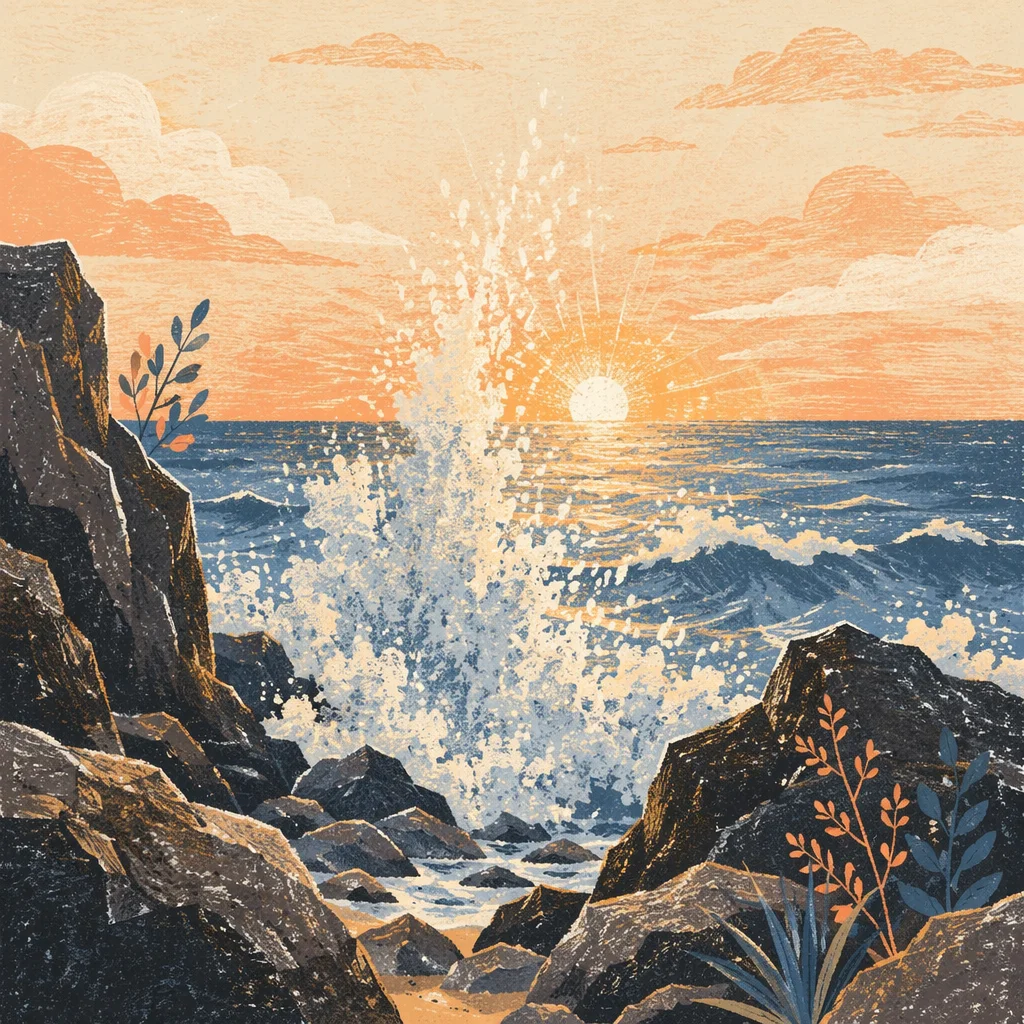 Sunrise Waves Crashing on Rugged Rocks