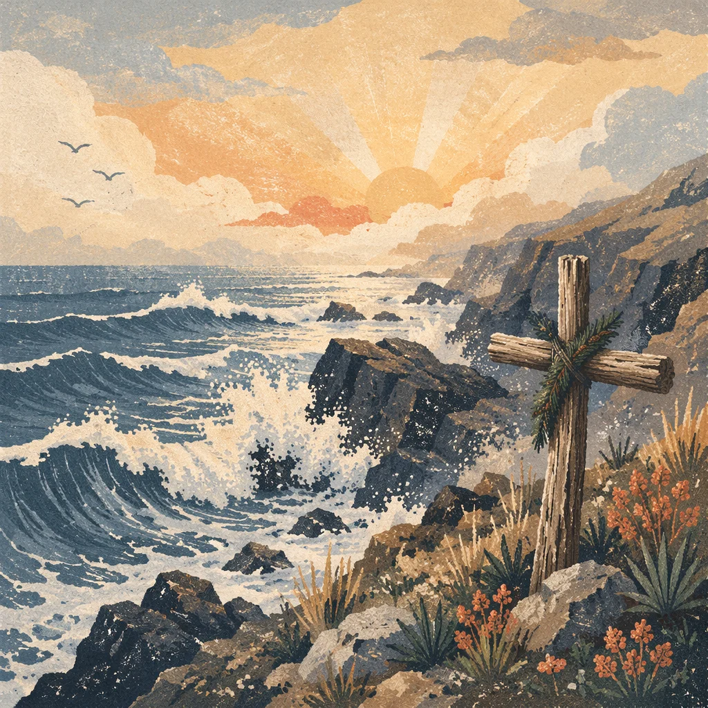 Evergreen Cross at Ocean Sunrise