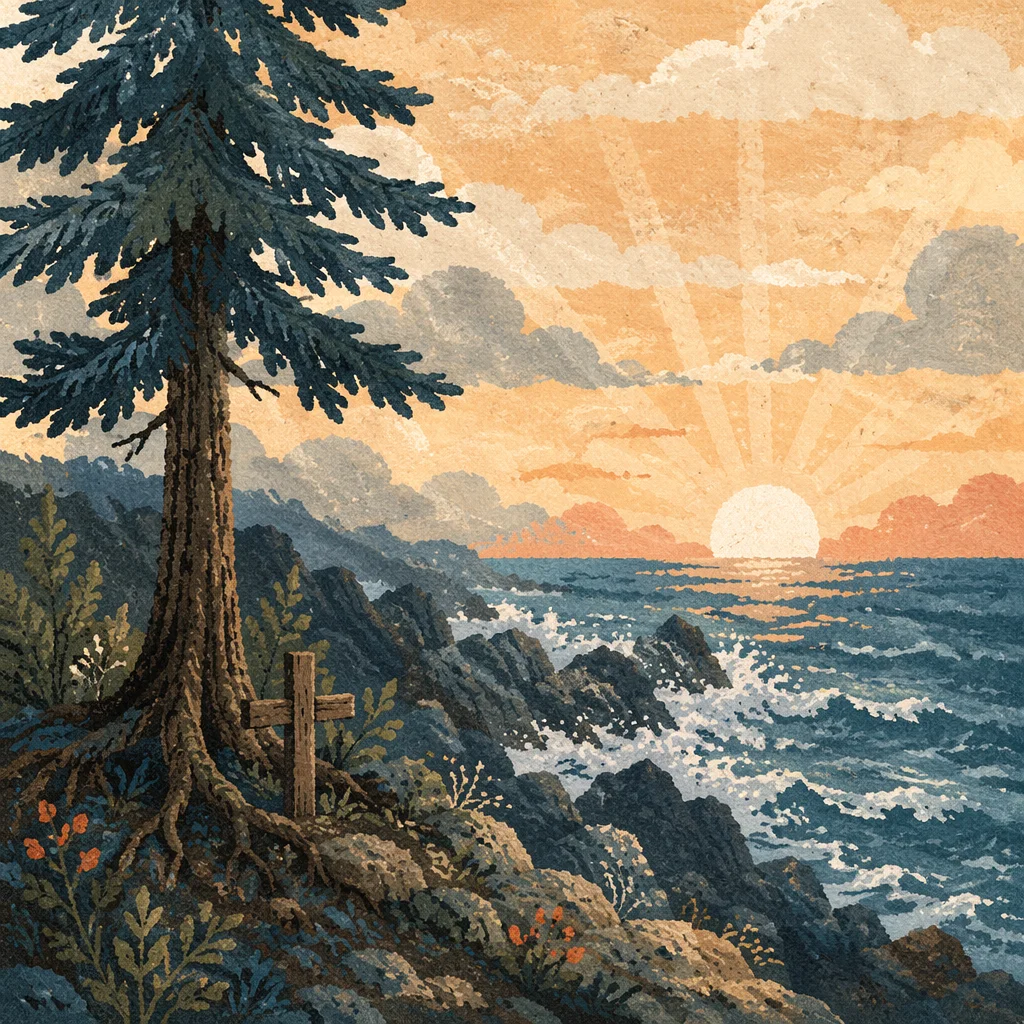 Evergreen Cross Above Sunrise Ocean Waves