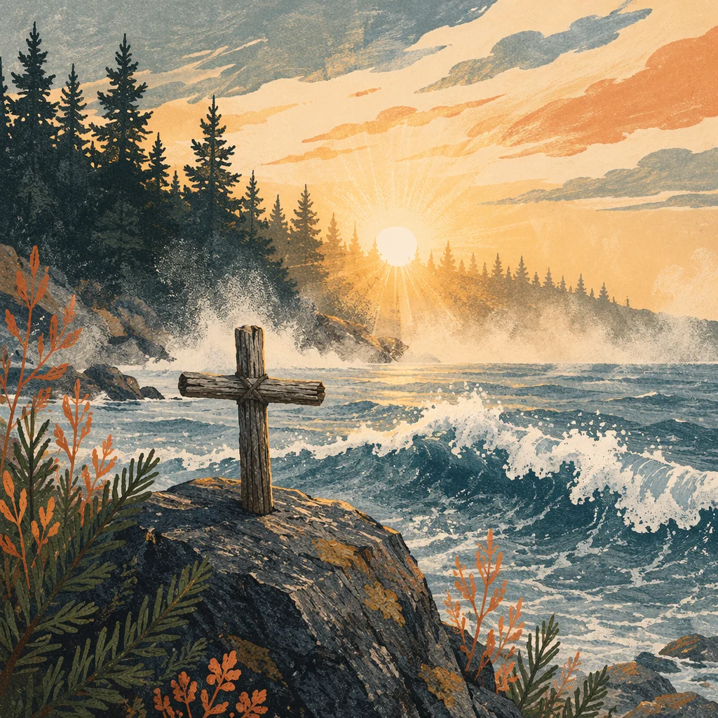 Driftwood Cross at Ocean Sunrise