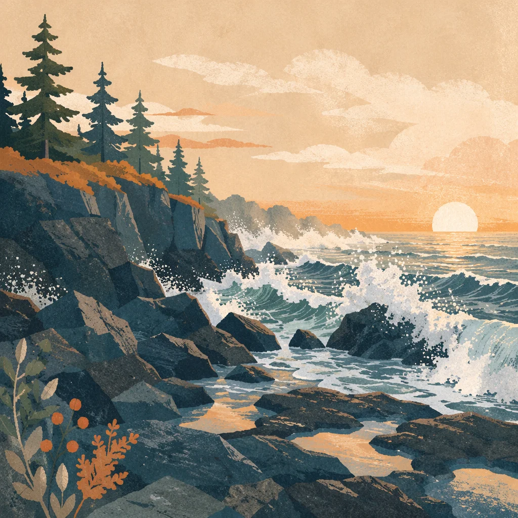 Sunrise Waves Against Evergreen Coastal Rocks