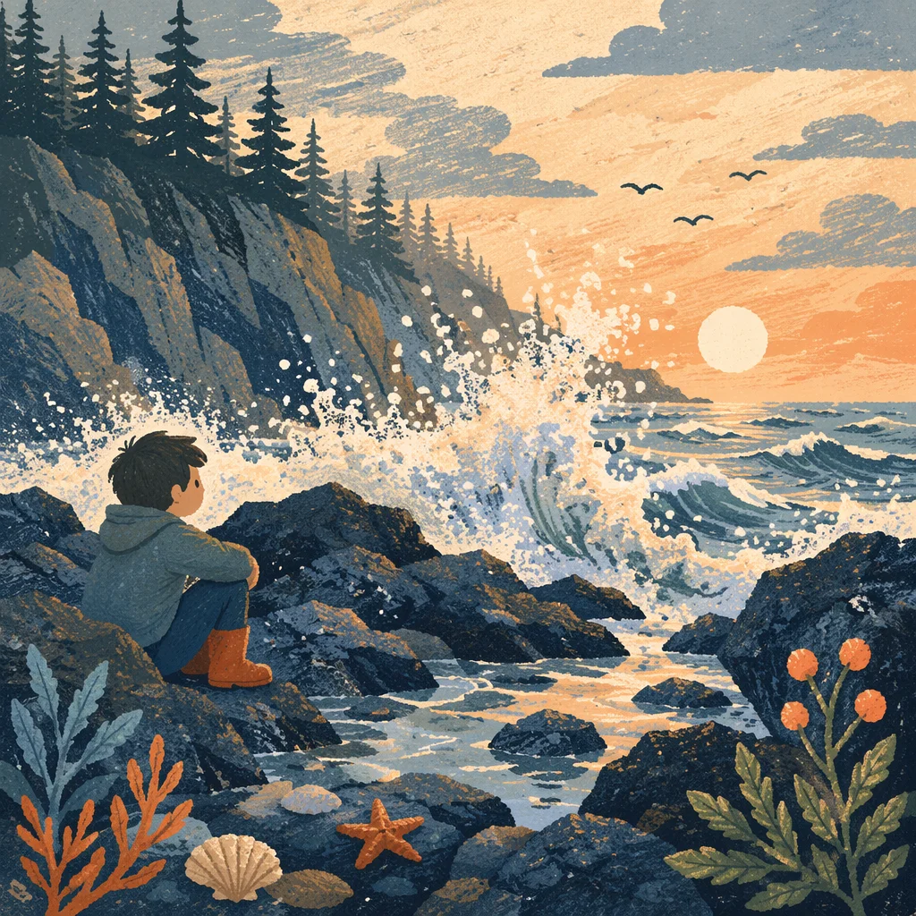 Evergreen Cliff Sunrise Over Crashing Waves