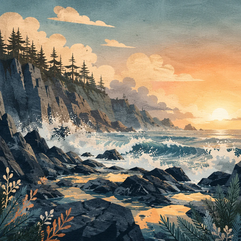 Sunrise Waves on Evergreen Rocky Coast