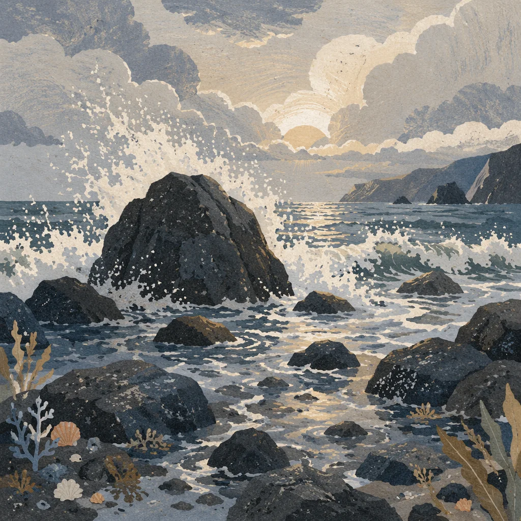 Sunrise Waves Over Volcanic Coastal Rocks
