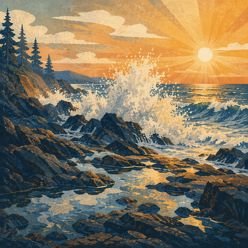 Sunrise Waves Crashing on Volcanic Rocks