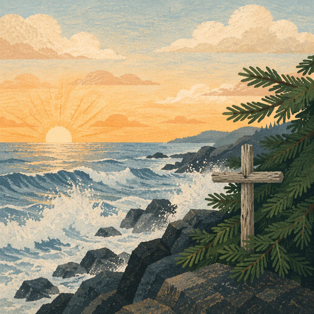 Driftwood Cross at Sunrise Coastal Waves