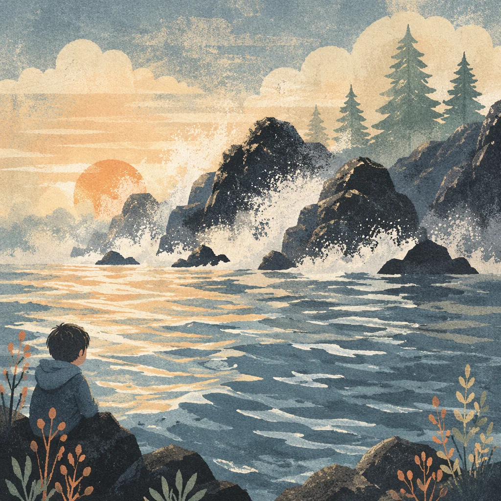 Evergreen Coastal Sunrise Over Crashing Waves