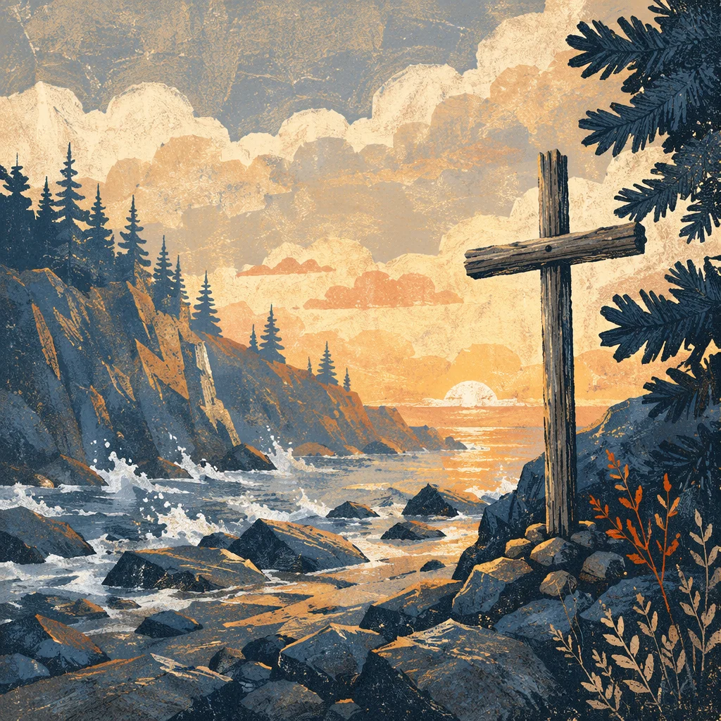 Driftwood Cross at Stormy Coastal Sunrise