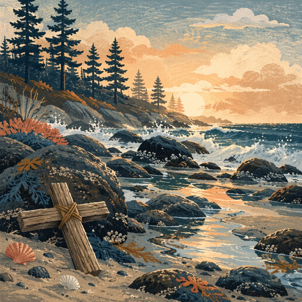 Coastal Sunrise Cross Among Evergreen Pines