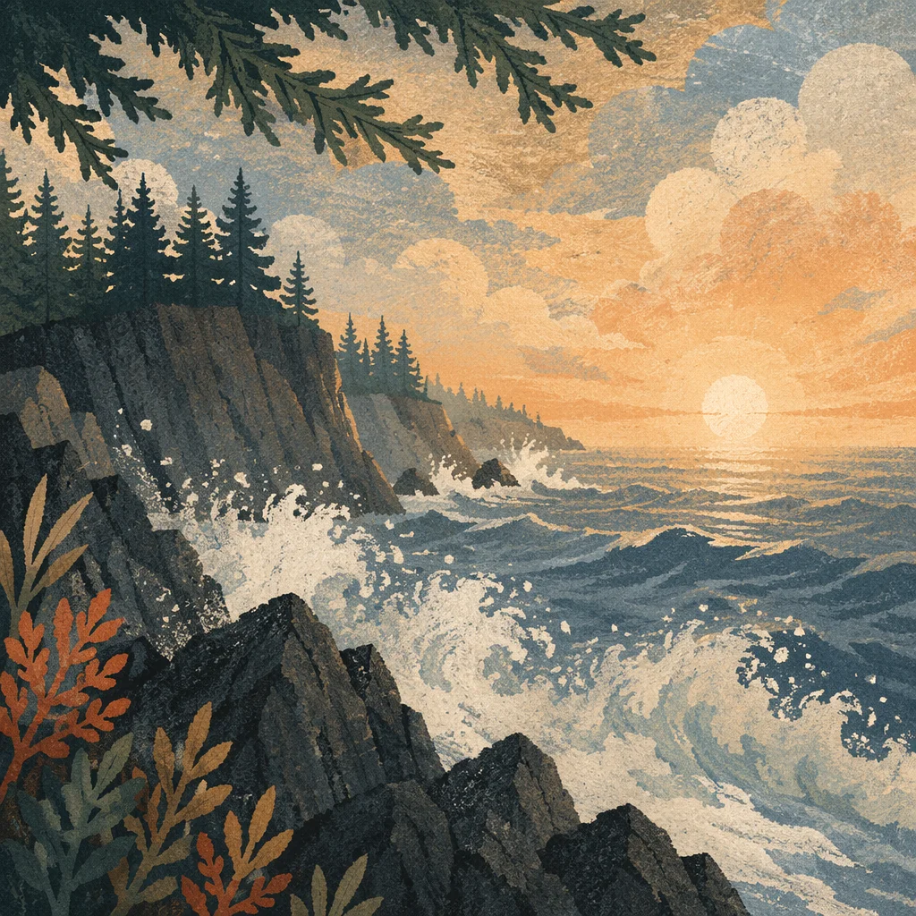 Evergreen Cliff Sunrise with Crashing Ocean Waves