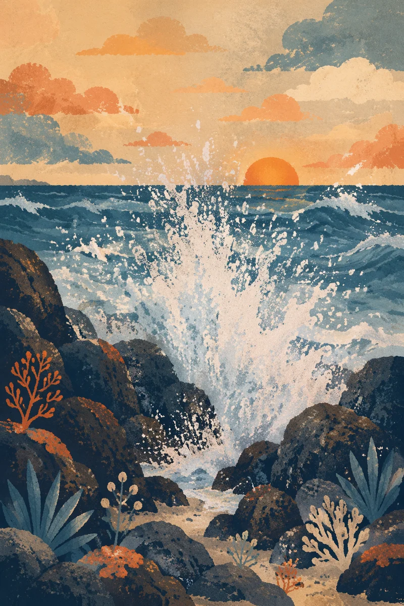 Sunrise Ocean Waves Crashing on Volcanic Rocks