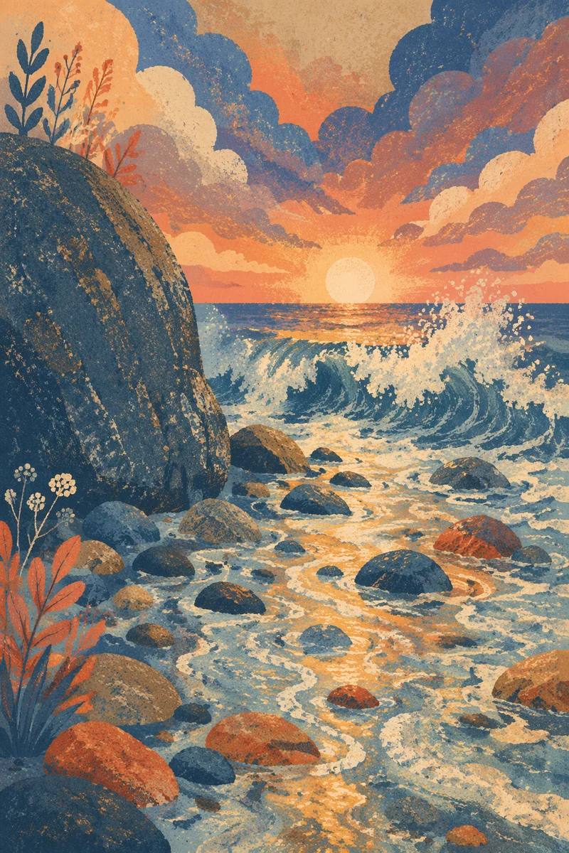 Ocean Waves Crashing on Sunrise Rocks