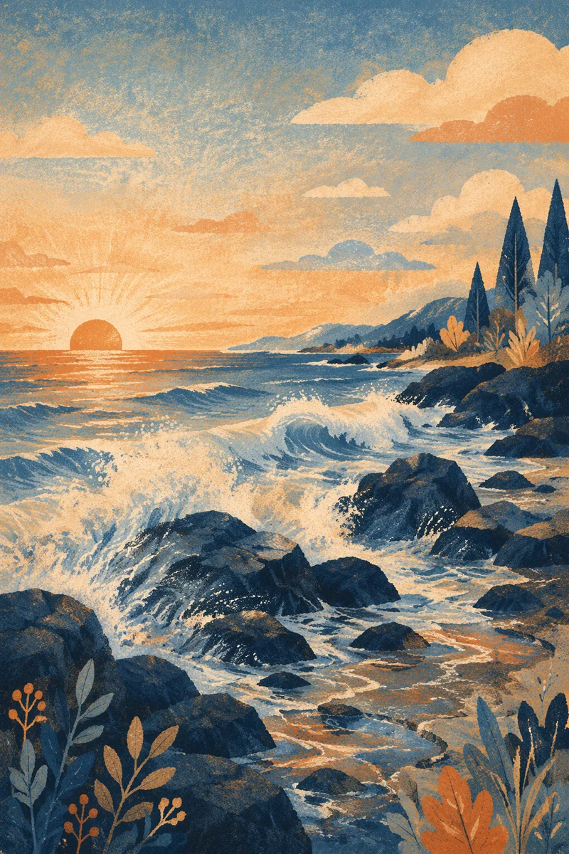 Sunrise Waves Crashing on Rocky Shore