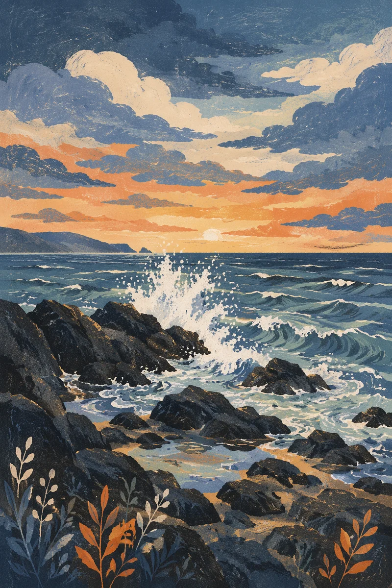 Sunrise Waves Crashing on Rugged Coastal Rocks
