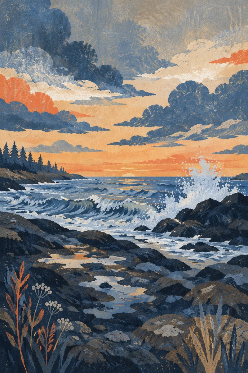Sunrise Waves Crashing on Rocky Shore
