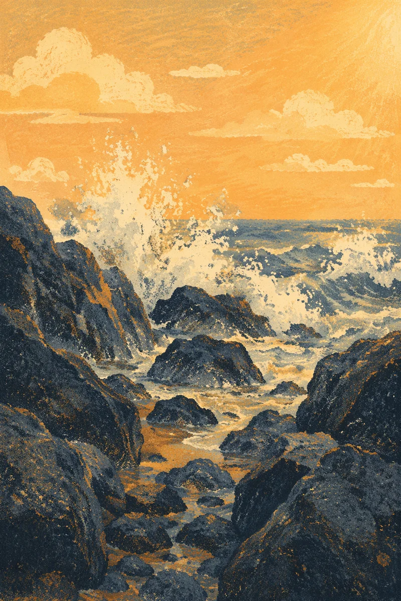 Sunrise Waves Crashing on Volcanic Rocks