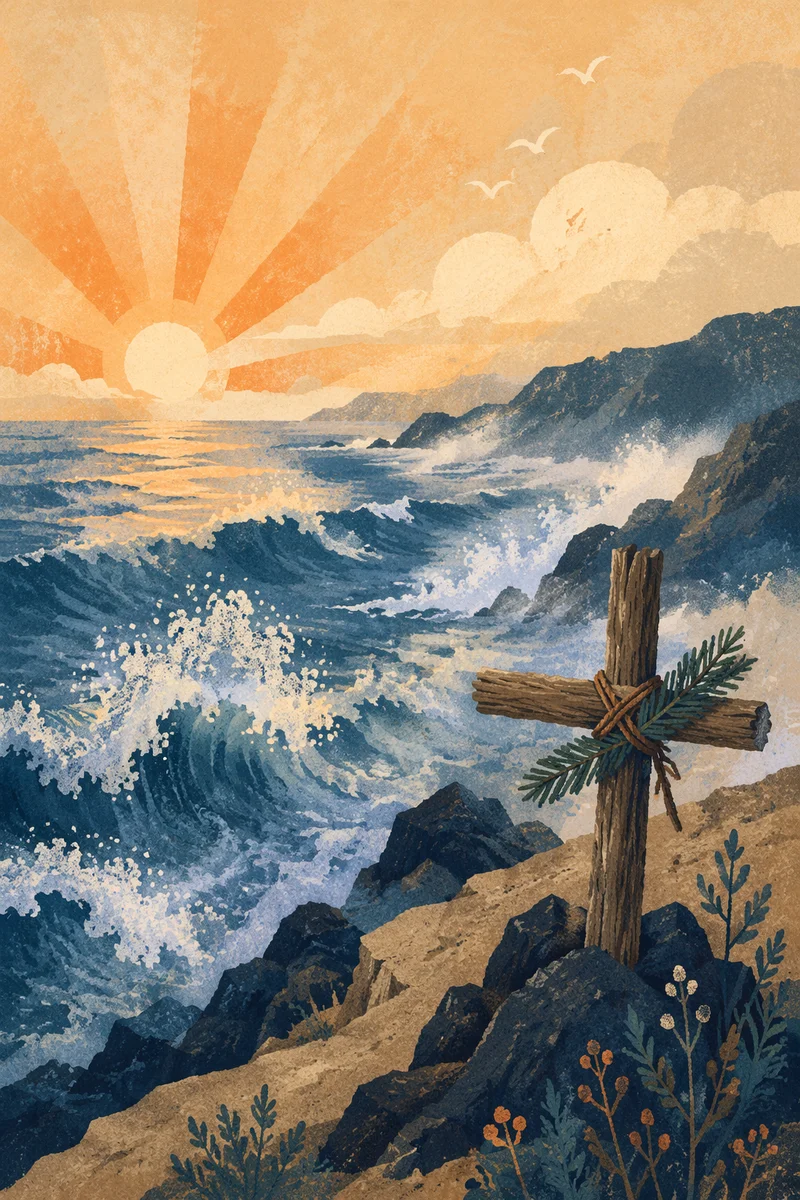 Driftwood Cross at Stormy Sunrise Coast