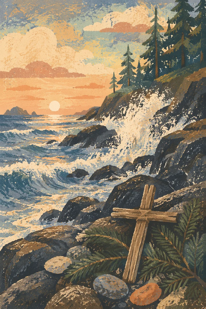 Driftwood Cross by Sunrise Ocean Waves