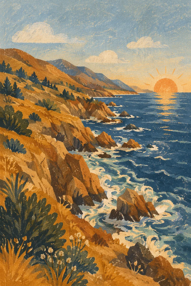 Sunrise Waves Along Evergreen Rocky Coast