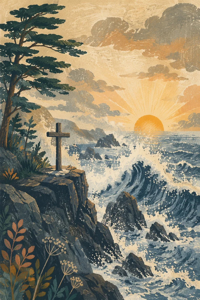 Driftwood Cross Above Sunrise Ocean Waves