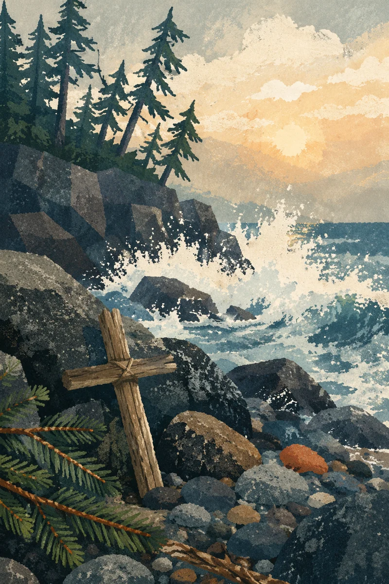 Driftwood Cross at Sunrise Rocky Shore