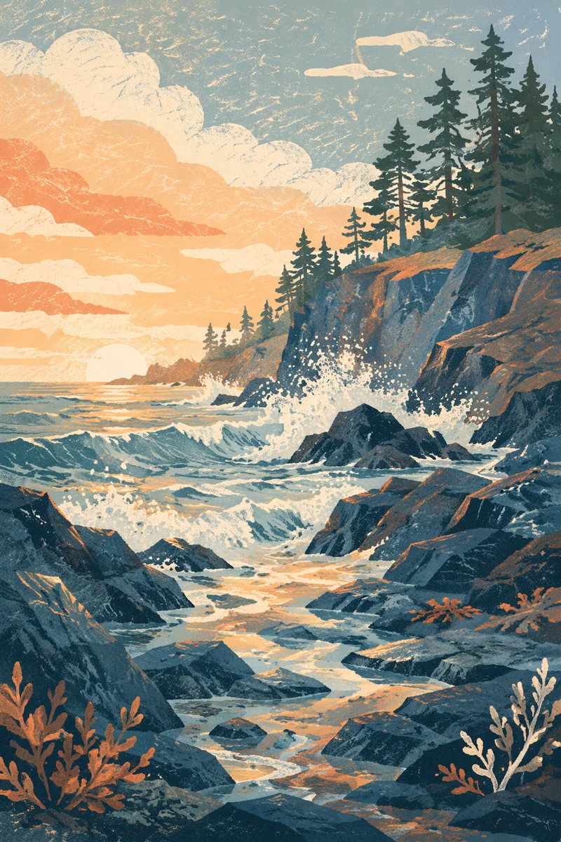 Sunrise Waves Crashing Beneath Evergreen Bluffs