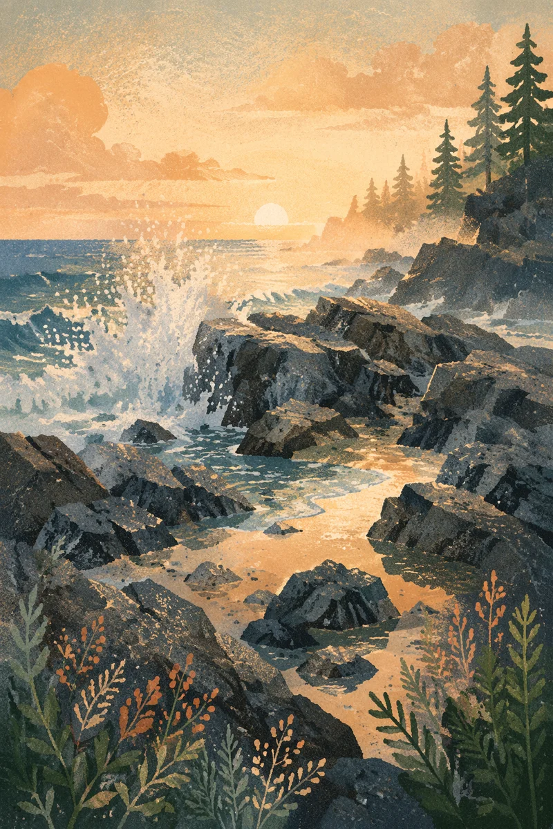 Sunrise Waves Crashing Beneath Evergreen Cliffs