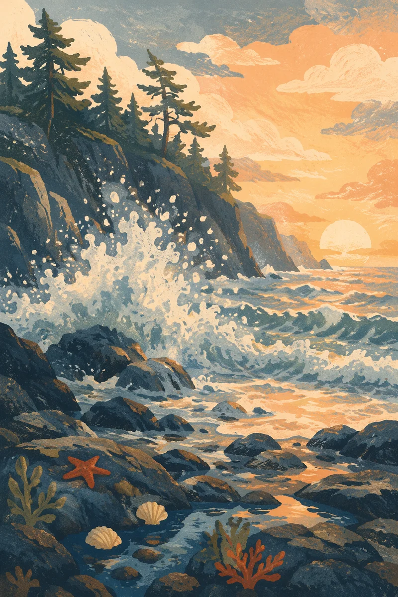 Sunrise Waves on Evergreen Rocky Coast