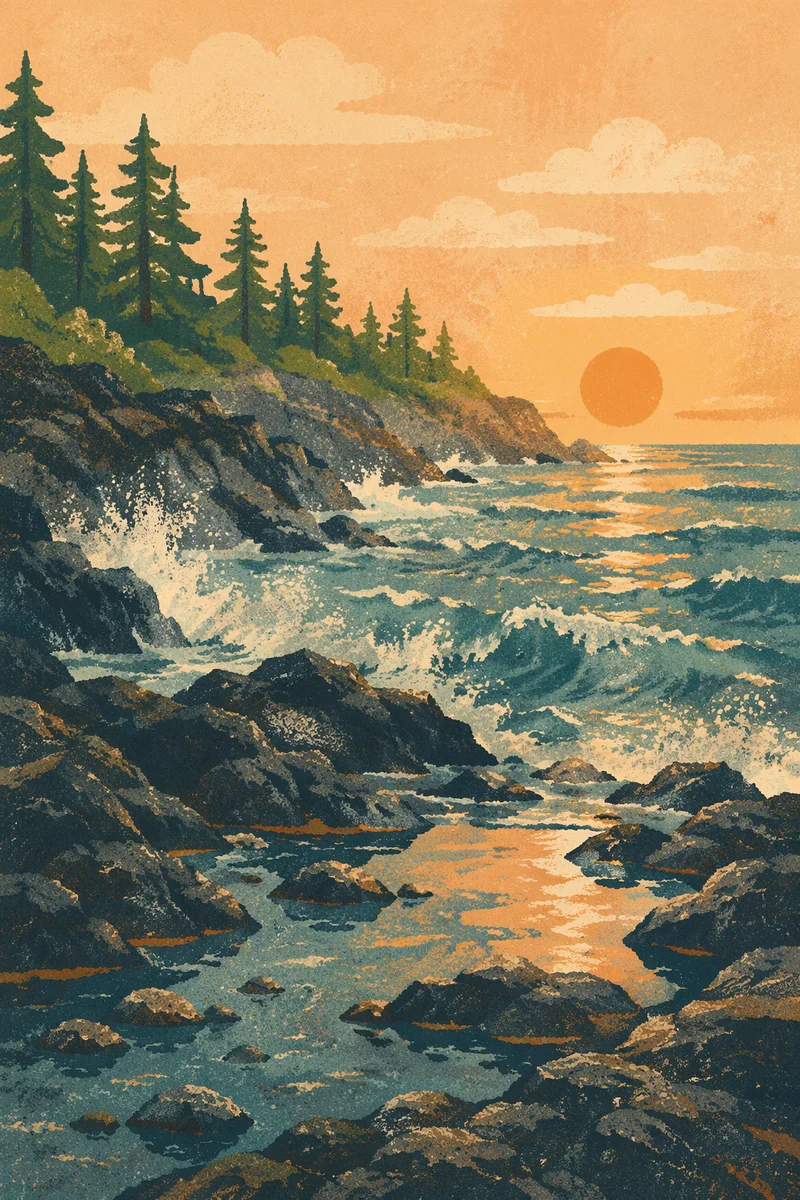 Evergreen Coast Sunrise Over Crashing Waves