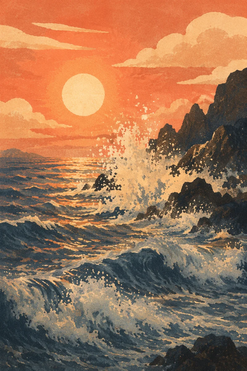 Sunrise Waves Crashing on Volcanic Rocks