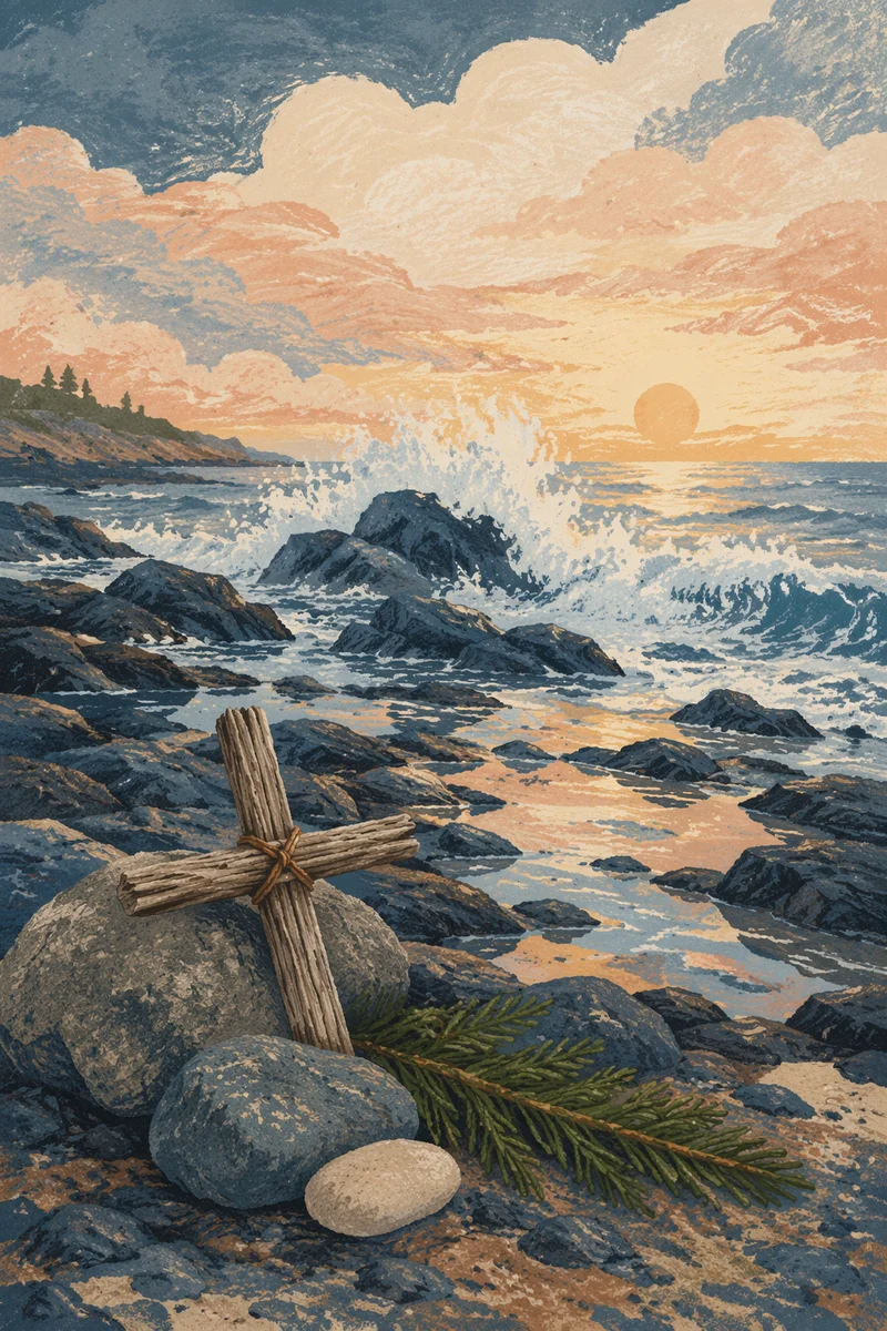 Driftwood Cross by Sunrise Ocean Waves