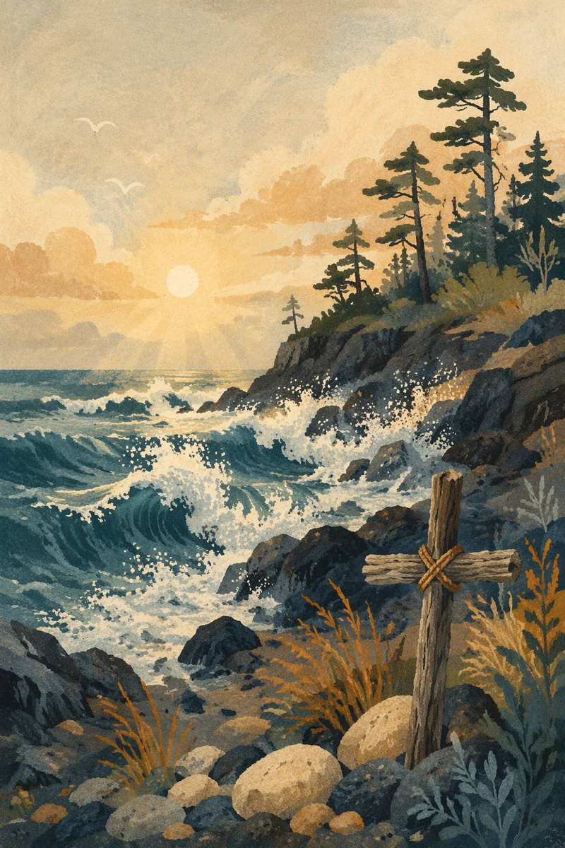 Evergreen Coast Sunrise With Wooden Cross