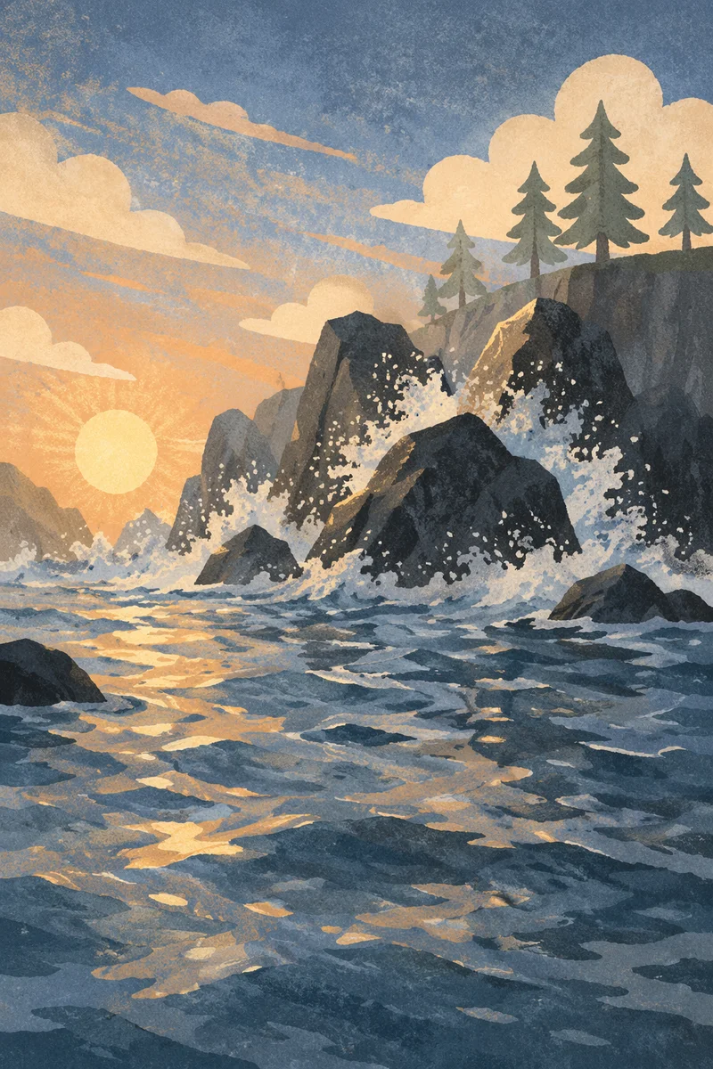 Ocean Waves Crashing Rocks at Sunrise