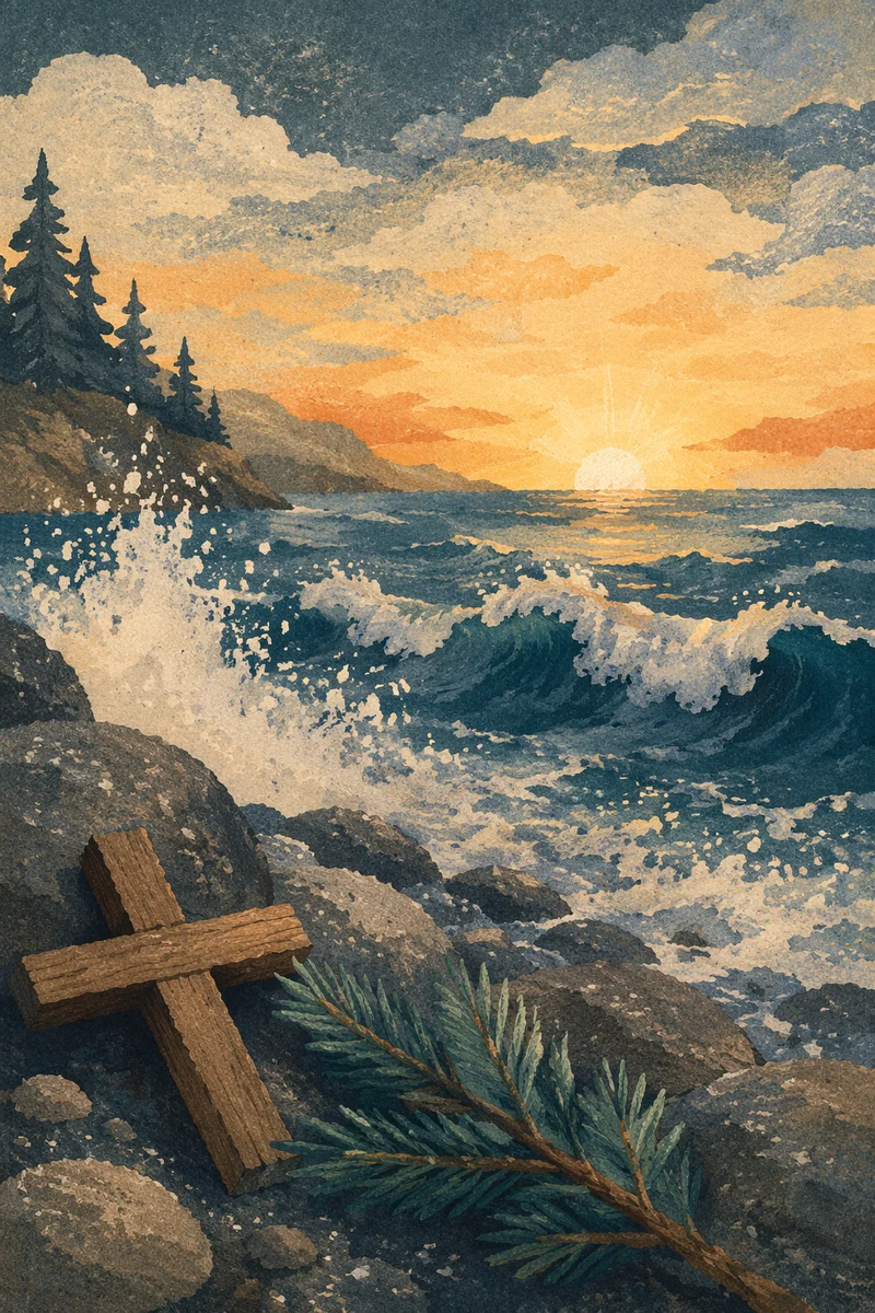 Evergreen Cross by Sunrise Ocean Waves