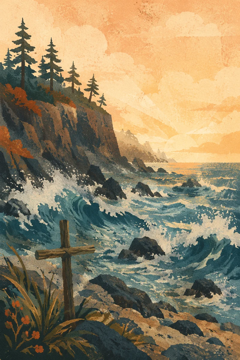 Driftwood Cross by Sunrise Ocean Waves