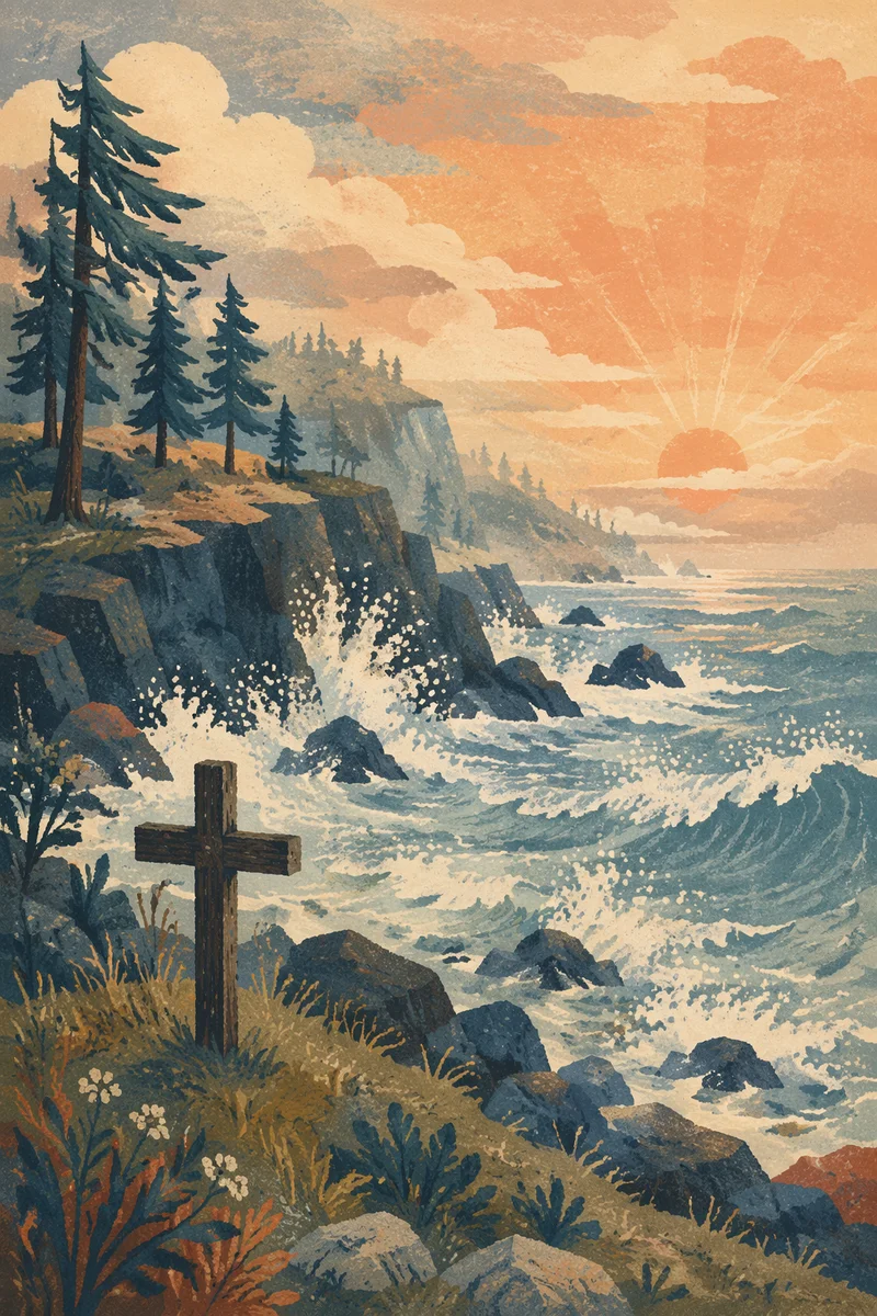 Sunrise Waves and Cross by Evergreen Cliffs