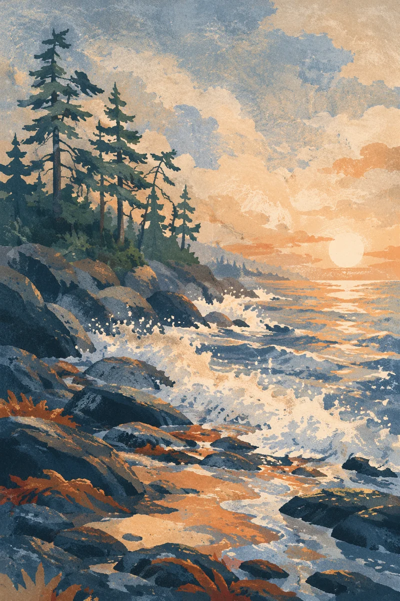 Evergreen Pines Above Sunrise Ocean Waves