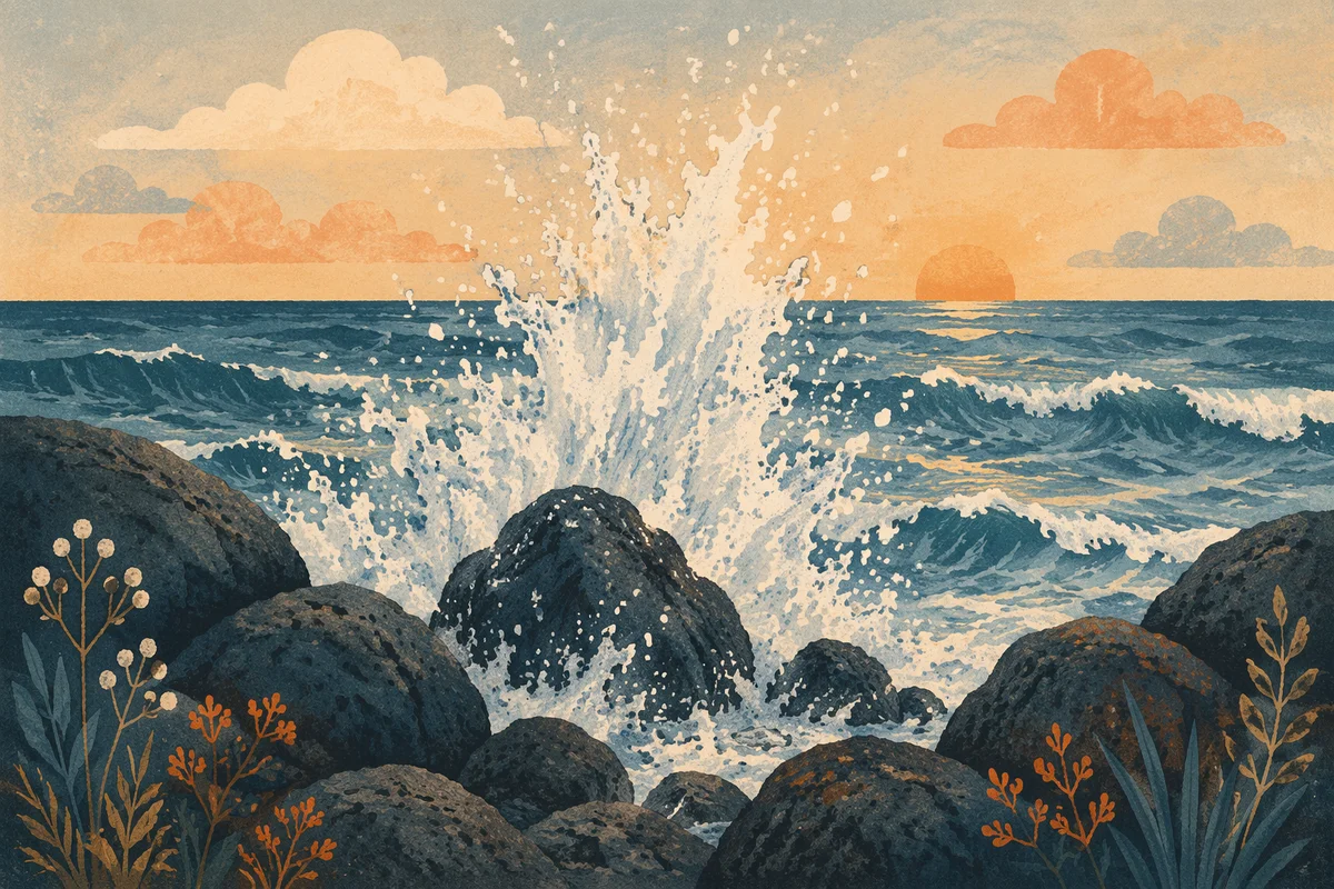 Sunrise Waves Crashing on Volcanic Rocks