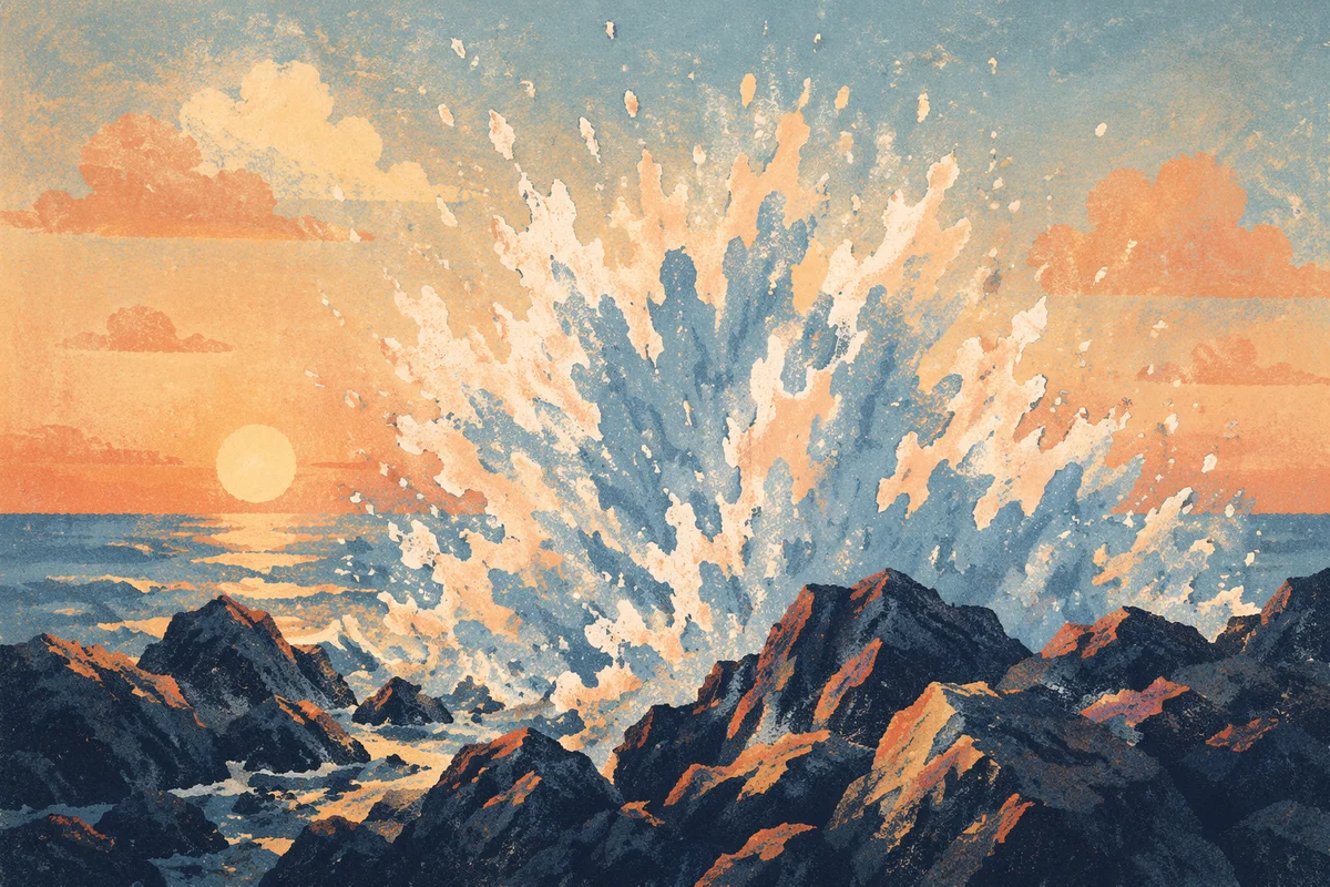 Sunrise Waves Crashing on Volcanic Rocks