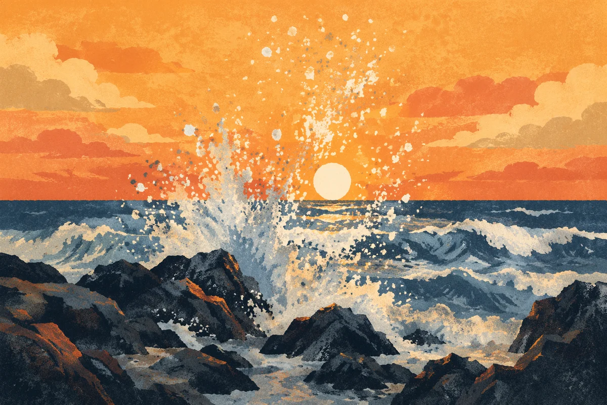 Sunrise Waves Crashing on Coastal Rocks