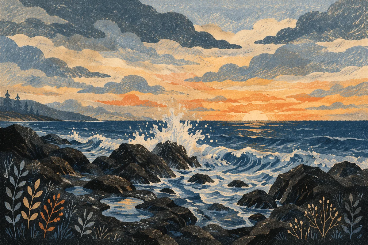 Sunrise Waves Crashing on Rugged Shore