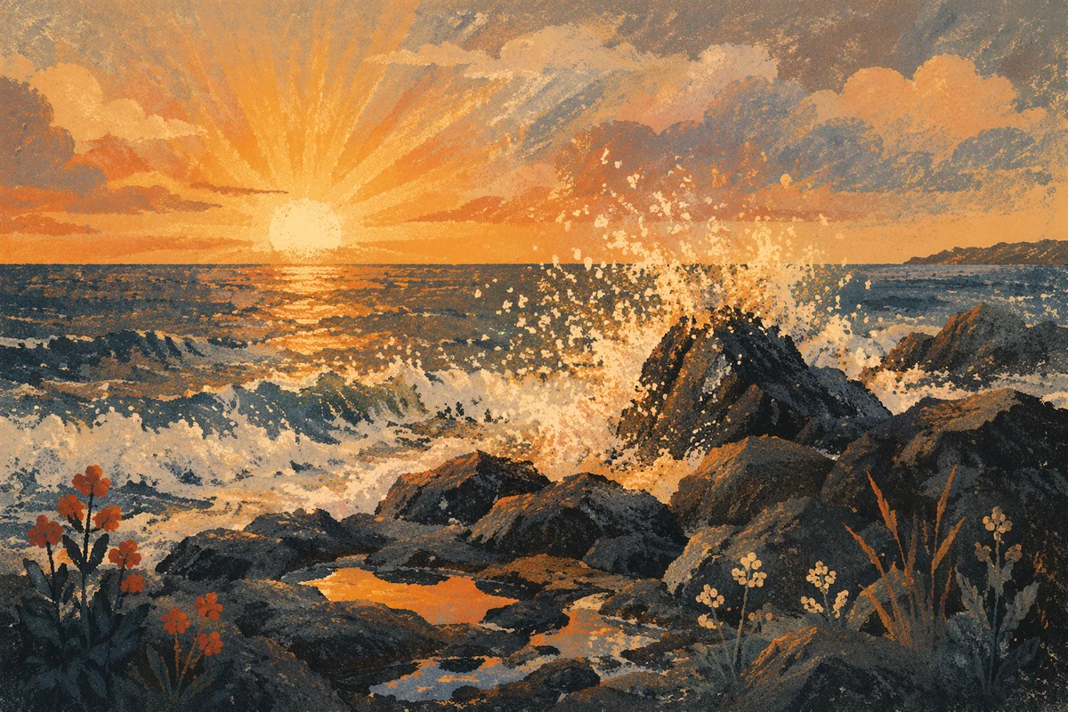 Sunrise Waves Over Enduring Shoreline Rocks