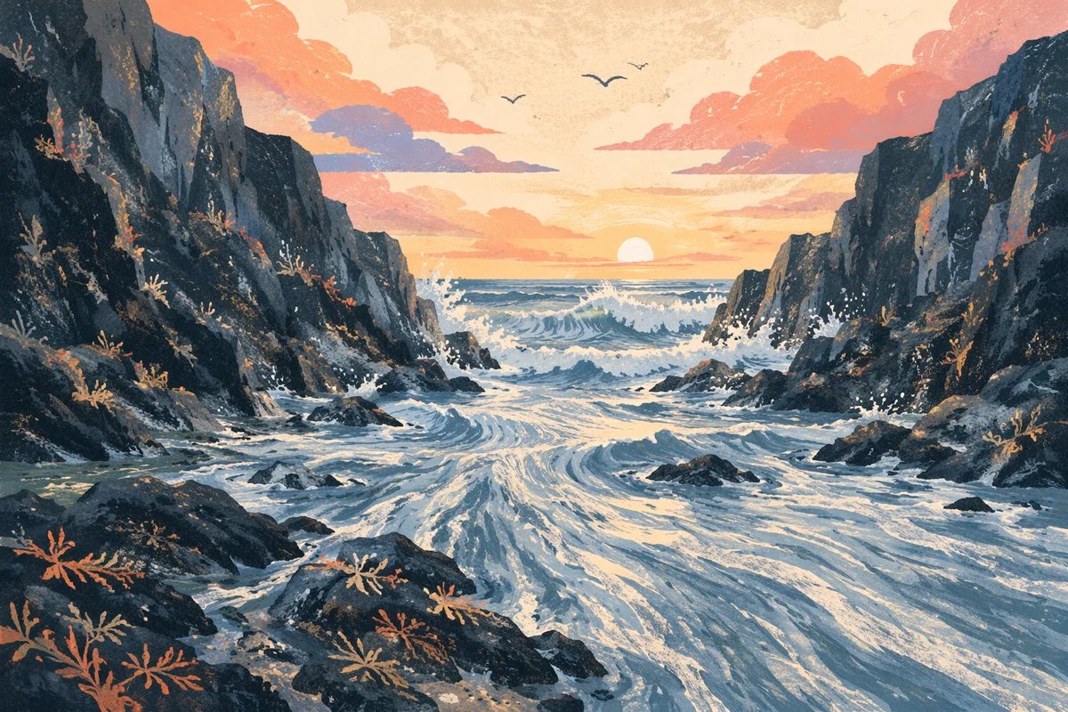 Sunrise Waves Crashing Through Rocky Cove